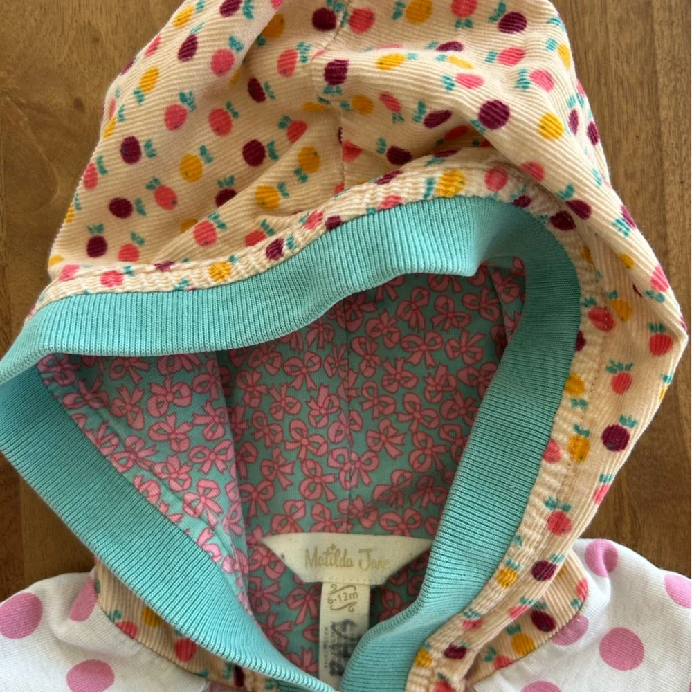 Matilda Jane Polka Dot & Striped Jacket w/ Corduroy Hood & Patches Size 6-12 Mo.